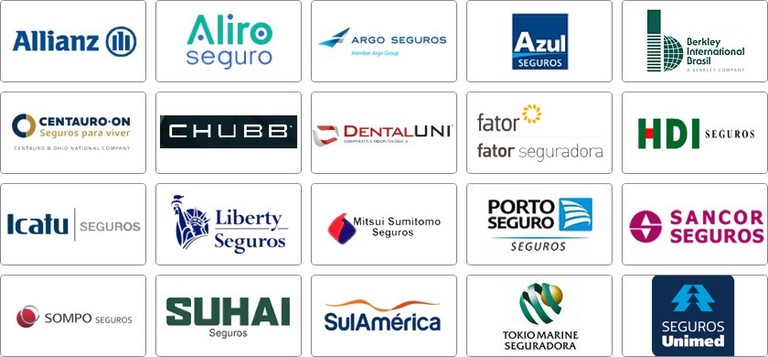 Allianz, Aliro, Argo,  Azul,  Berkley , Centauro On , Chubb,  Dental Uni, Fator , HDI,Icatu, Liberty, Mitsui, Sancor, Sompo, Suhai , Sul América,  Porto, Tokio, Unimed Seguros